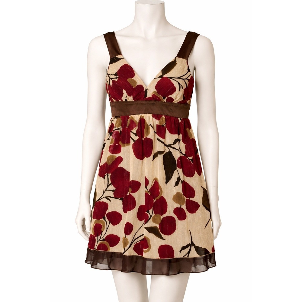 Y2K Floral Babydoll Dress Womens M Brown Red Empire Waist Cottagecore